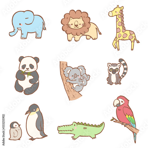 Photography 動物園にいる動物のかわいい手描きイラストセット
