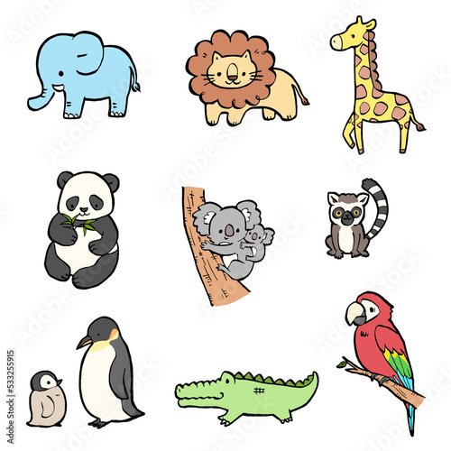 動物園にいる動物のかわいい手描きイラストセット