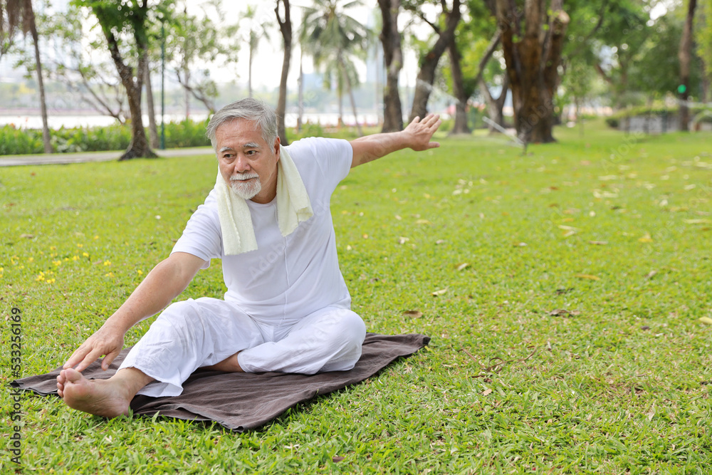 Asian senior man practice yoga exercise, stretching, tai chi tranining and meditation while sitting on yoga mat for healthy in park outdoor after retirement. Happy elderly outdoor lifestyle concept Asian senior man practice yoga exercise, stretching, tai chi tranining and meditation while sitting on yoga mat for healthy in park outdoor after retirement. Happy elderly outdoor lifestyle concept