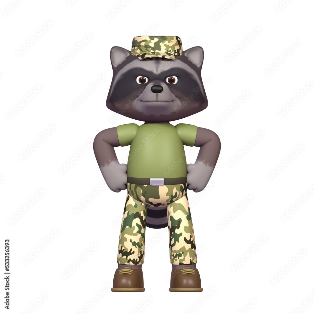 3d render of raccoon in military uniform posing with his hands on waist, hero pose 3d render of raccoon in military uniform posing with his hands on waist, hero pose
