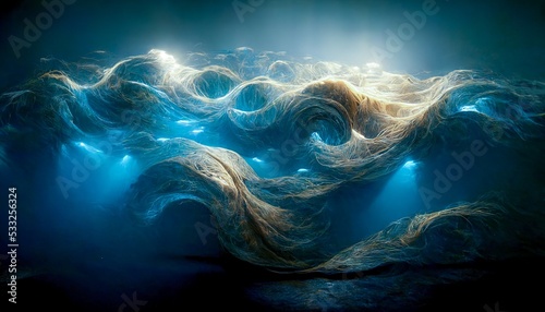 Spectacular abstract of silk is shaped like underwater wave, and light from above shines through the edges to make them glow. Digital art 3D illustration.