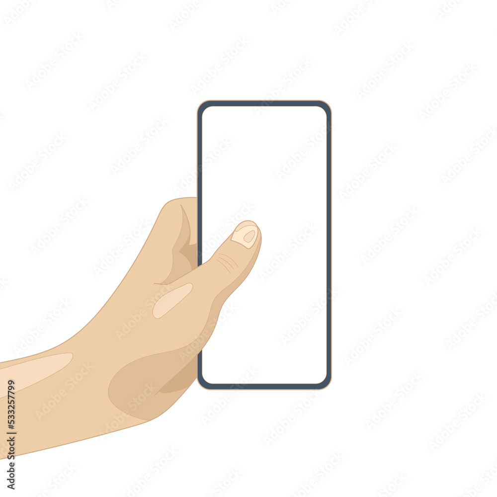 Vertical vector mockup had hold mobile phone. Touchscreen devise preview illustration template isolated.