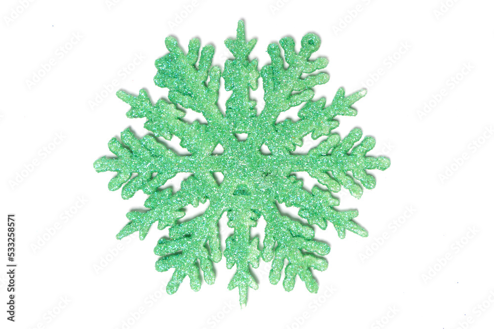 Colorful artificial snowflake isolated on white background.