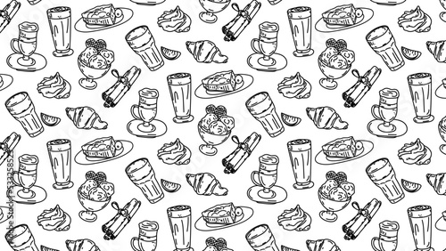 Seamless pattern with a pattern of sweets and coffee hand-drawn.Wallpaper, background