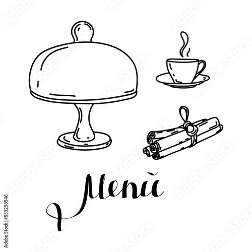 Drawing and inscription by hand. Cake stand, cinnamon sticks, coffee