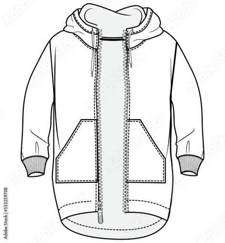 long hoodie sweatshirt coat pocket zip up outerwear unisex hooded jacket top fashion flat sketch vector illustration.