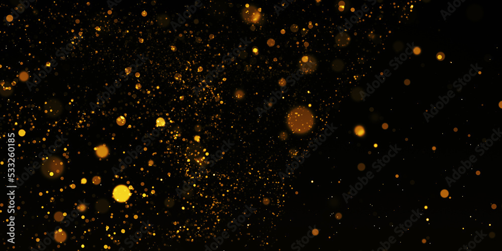Gold Particle Glitter Luxury Background. Falling gold confetti with magic light. Gold particles glisten in the air - obrazy, fototapety, plakaty 