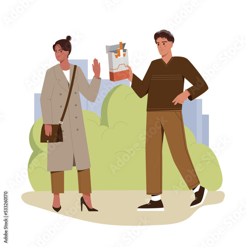 Quit cigarettes concept. Man offers package to woman, she refuses. Fighting bad habits, taking care of health and active lifestyle. Motivational poster or banner. Cartoon flat vector illustration