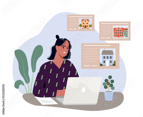 Purchase of real estate. Young girl sits at laptop, woman chooses apartment or building. Investing and financial literacy, passive income. Realtor evaluates deals. Cartoon flat vector illustration