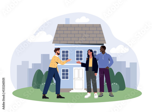 Purchase of real estate. Man and woman make deal, shake hands. Poster or banner for website. Financial literacy, economics and trading, passive income concept. Cartoon flat vector illustration