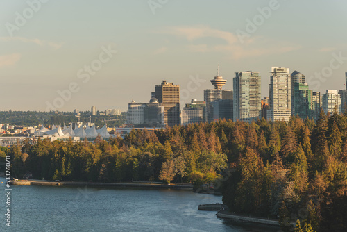 Vancouver city skyline and a view of the Stanley park from the Lions Gate bridge