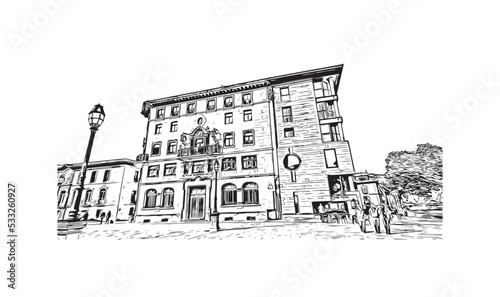 Building view with landmark of Oviedo is a town in northwest Spain. Hand drawn sketch illustration in vector.