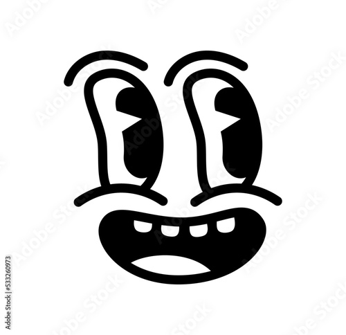 Retro 30s face. Minimalistic character opens his mouth in surprise. Fairy tale, imagination and fantasy. Facial expressions, mood and feelings. Badge for kids. Cartoon flat vector illustration