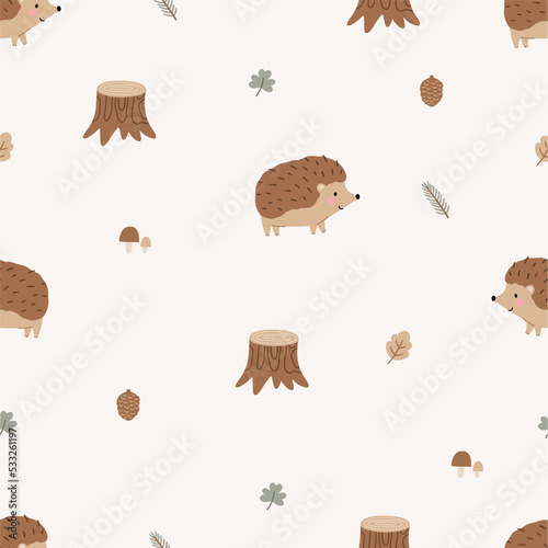 Cute cartoon hedgehog in forest vector print in flat style. Cute childish character, leaves, cones, mushrooms. Seamless pattern