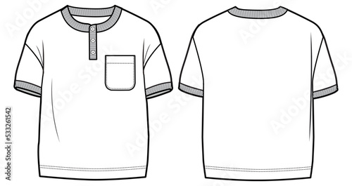 toddler boys short sleeve henley t shirt baby boys plain tees top with one pocket front and back view technical drawing flat sketch vector illustration template. cad mockup.