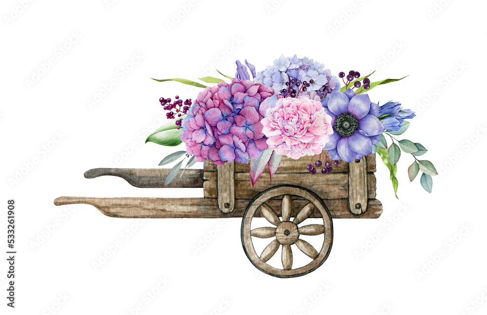 Garden flowers in wooden vintage wheel cart decoration. Watercolor illustration. Hand drawn rustic style floral decor. Hydrangea, anemone, peony, eucalyptus leaves tender decor. White background