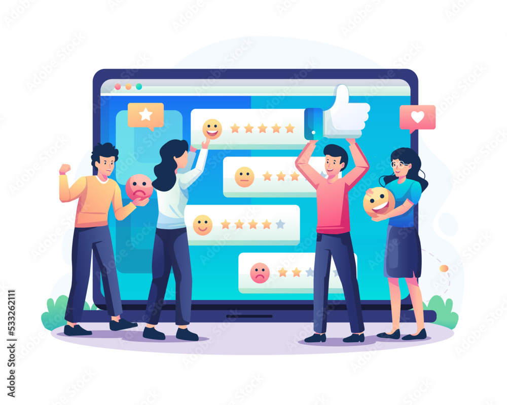Customer feedback with people giving star ratings. Clients choose satisfaction ratings or evaluations for products or services. User experience or client satisfaction. Vector illustration in flat Customer feedback with people giving star ratings. Clients choose satisfaction ratings or evaluations for products or services. User experience or client satisfaction. Vector illustration in flat