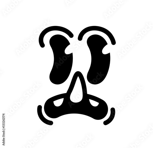 Retro 30s face. Frightened character, fear and horror, frustration. Sticker for social networks and reaction for messengers. Graphic element for printing on fabric. Cartoon flat vector illustration