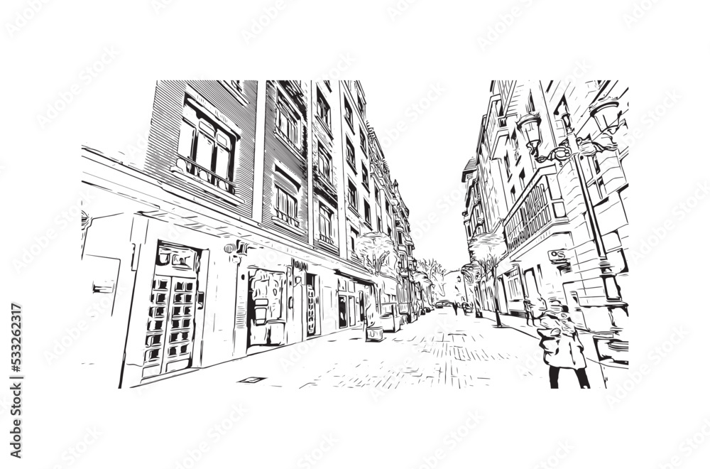 Building view with landmark of Oviedo is a town in northwest Spain. Hand drawn sketch illustration in vector.