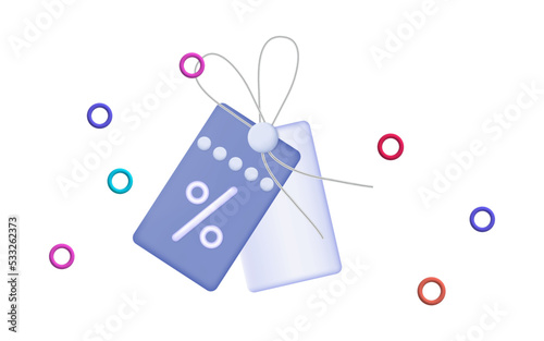 Lucky сoupon 3d discount. Loyalty program vector illustration, sale with a low price tag and gifts. Purchase concept with promotional offer and bonus, voucher. Favorable purchase at a low price.