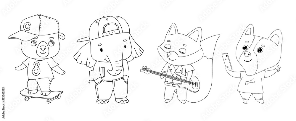 Cute elephant with book bear on skateboard and fox with guitar. Funny outline kid animal isolated on white background. Cool teen characters set for coloring book
