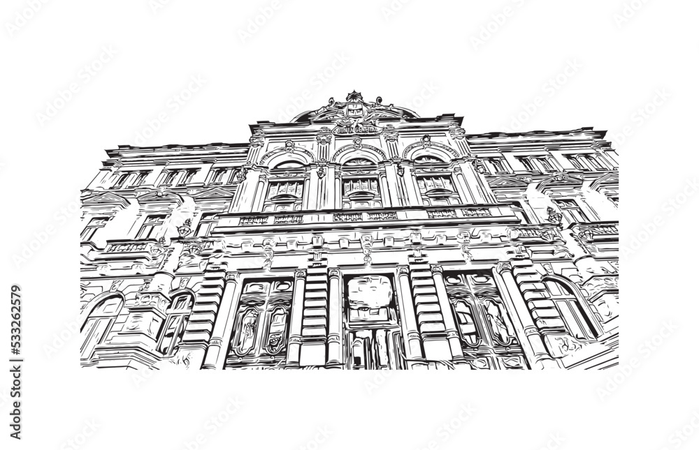 Building view with landmark of Oviedo is a town in northwest Spain. Hand drawn sketch illustration in vector.