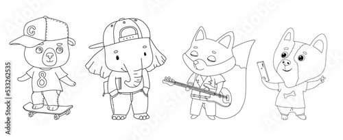 Fototapeta Naklejka Na Ścianę i Meble -  Cute elephant with book bear on skateboard and fox with guitar. Funny outline kid animal isolated on white background. Cool teen characters set for coloring book