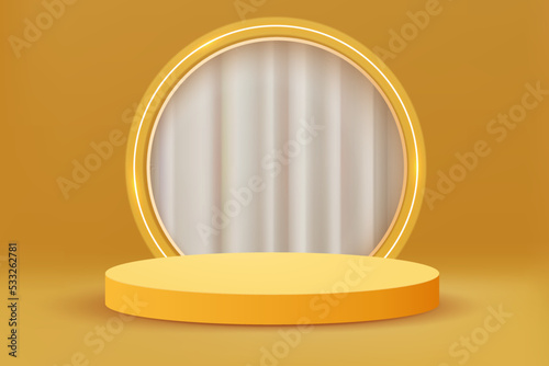 yellow podium 3d on yellow background with curtain