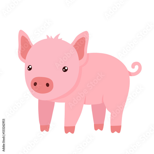 Cute pink piglet. Hand drawn flat illustration isolated on white background. Funny Farm animal for kids