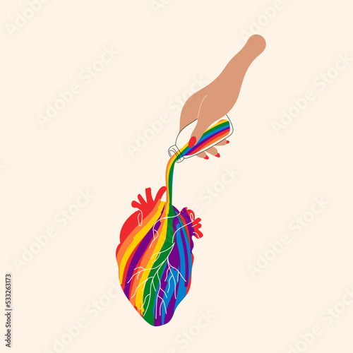 Rainbow liquid pours on the heart.  Vector in cartoon style. All elements are isolated