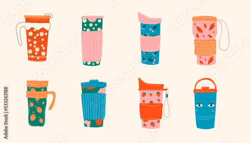 Set Vintage thermos cups. Thermos Chinese retro thermo Flask. Cute  print on the side. Hand drawn colorful Vector isolated illustration. Cartoon style