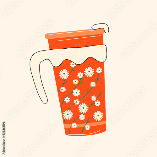 Vintage thermos cup. Red Thermos Chinese retro thermo Flask. Cute chamomile print on the side. Hand drawn colorful Vector isolated illustration. Cartoon style