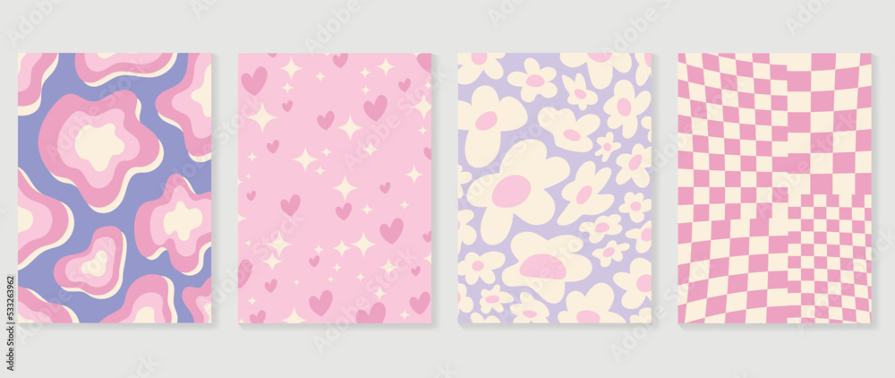 Collection of y2k style background vector. Set of lovely vibes wallpaper, pastel color, heart, psychedelic, flowers, grid. Trendy girly 90s, 2000s poster for banner, prints, decorative, cover.