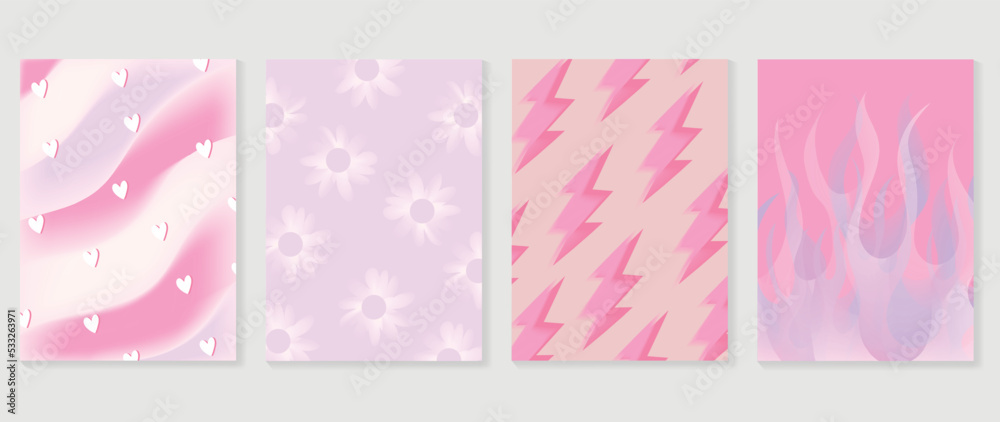 Collection of y2k style background vector. Set of lovely vibes wallpaper, pastel color, heart, psychedelic, flowers, fire. Trendy girly 90s, 2000s poster for banner, prints, decorative, cover.