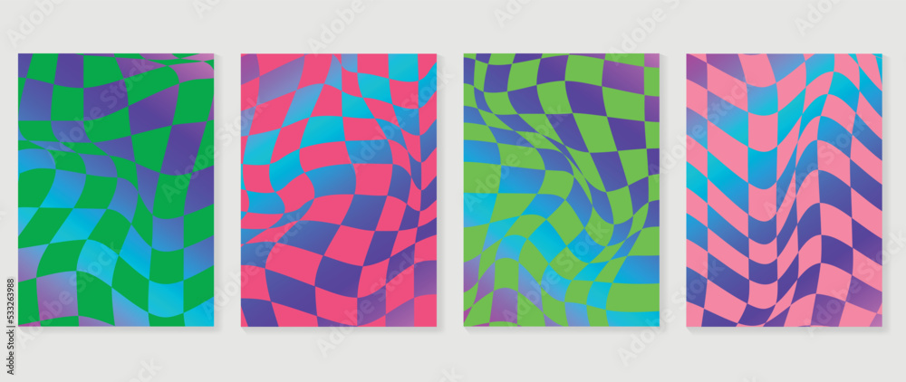 Collection of y2k style background vector. Set of groove vibes wallpaper, colorful, wavy, psychedelic, grid, rainbow. Trendy futuristic 90s, 2000s poster for banner, prints, decorative, cover.