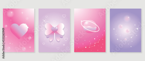 Collection of y2k style background vector. Set of lovely vibes wallpaper, gradient, rainbow, hearts, planet, stars, bubbles. Trendy adorable girly poster for banner, prints, decorative, cover.