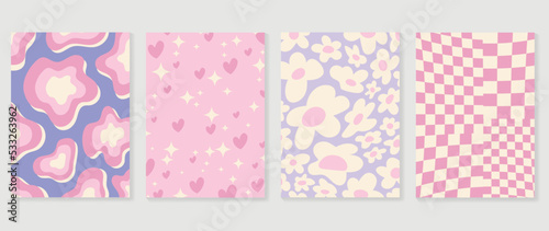 Collection of y2k style background vector. Set of lovely vibes wallpaper, pastel color, heart, psychedelic, flowers, grid. Trendy girly 90s, 2000s poster for banner, prints, decorative, cover.