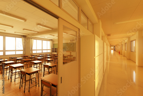 夕日が差し込む放課後の無人の教室と廊下 / スクールライフ・学園ロケーション・青春とノスタルジーのコンセプトイメージ / 3Dレンダリング photo