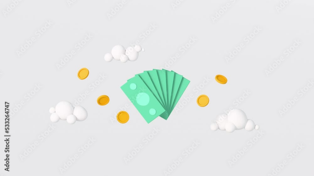 Floating banknotes and coins. Minimal cartoon style 3D render animation Floating banknotes and coins. Minimal cartoon style 3D render animation