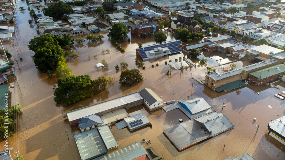 Flood water in city of Lismore NSW Australia, 2022 - obrazy, fototapety, plakaty 