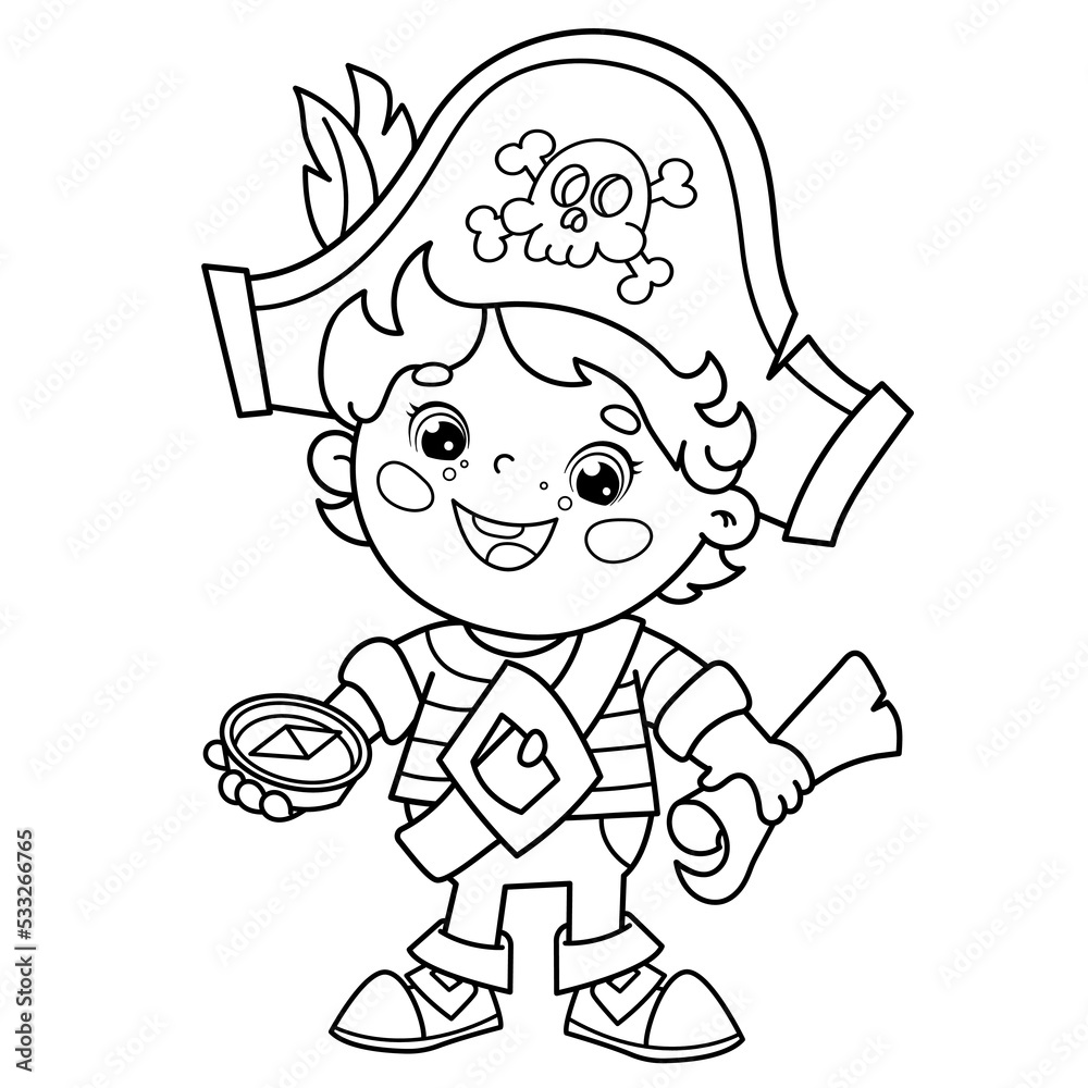 Obraz premium Coloring Page Outline Of Cartoon pirate with map of treasure. Coloring book for kids.