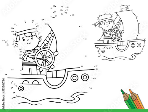 Puzzle Game for kids: numbers game. Coloring Page Outline Of cartoon sail ship with sailor. Sea travelling. Coloring Book for children.
