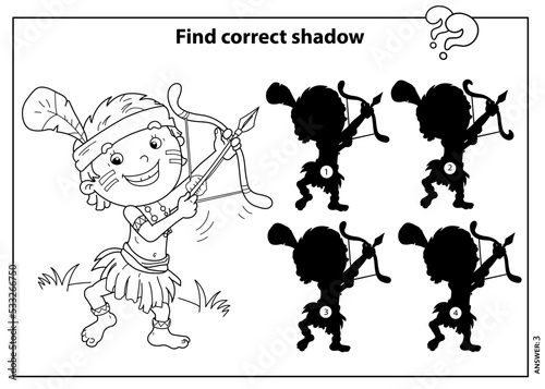 Puzzle Game for kids. Find correct shadow. Coloring Page Outline Of cartoon cheerful boy indian with bow for shooting and arrow. Coloring book for children.