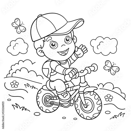 Coloring Page Outline Of a cartoon fun boy on a bicycle or bike. Outdoor games. Summer activity. Coloring book for kids