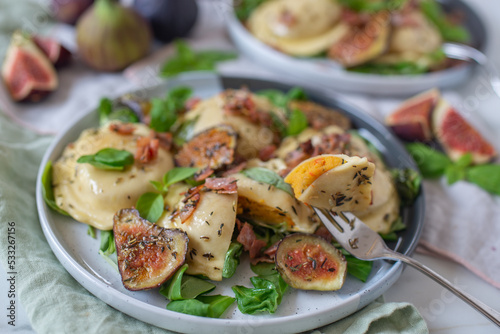pumpkin tortellini with fresh figs and herbs