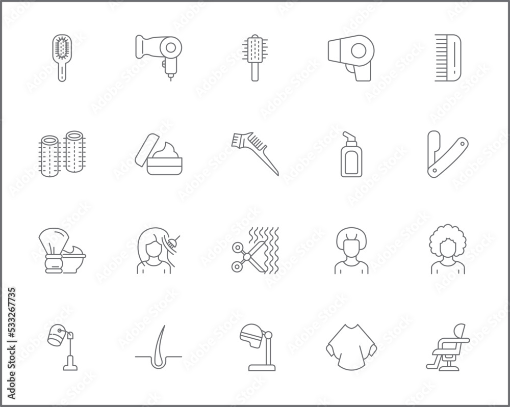 Simple Set of hair Related Vector Line Icons.
Vector collection of beauty and hairstyle symbols or logo elements in thin outline. Simple Set of hair Related Vector Line Icons.
Vector collection of beauty and hairstyle symbols or logo elements in thin outline.
