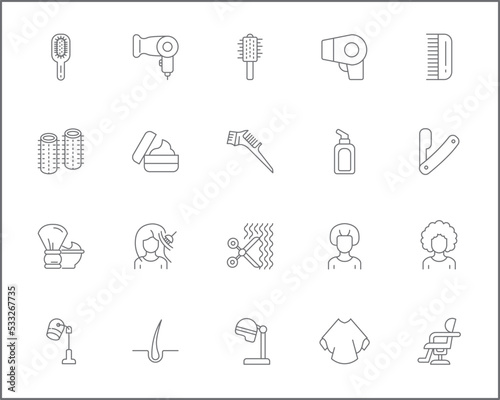 Simple Set of hair Related Vector Line Icons. 
Vector collection of beauty and hairstyle symbols or logo elements in thin outline.