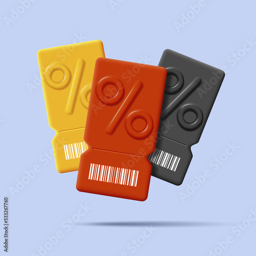 3d illustration of ticket with percent volume sign and bar code, sale