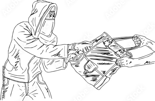 Masked man snatching hand bag from woman, snatch hand bag outline vector illustration, Robber snatches bag from hands of woman sketch drawing cartoon silhouette