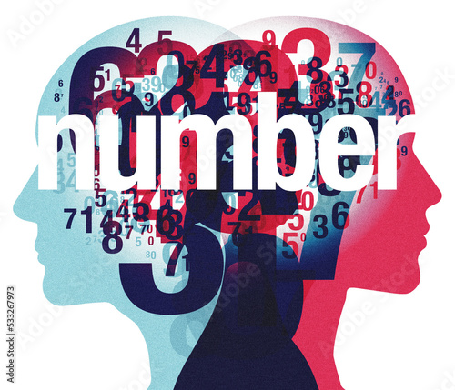 A male and female back-to-back silhouette overlaid with various sized semi-transparent numerals. Overlaid centrally is the word “number”. photo